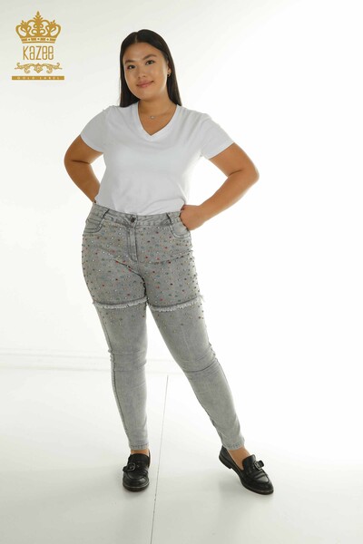 Wholesale Women's Trousers with Crystal Stone Embroidery Gray - 2412-0549 | M&N - Thumbnail