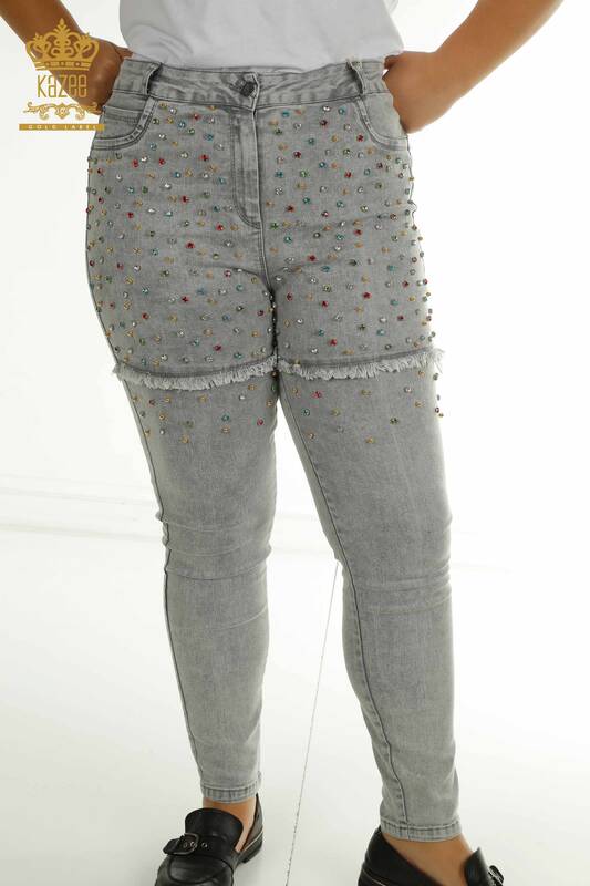 Wholesale Women's Trousers with Crystal Stone Embroidery Gray - 2412-0549 | M&N