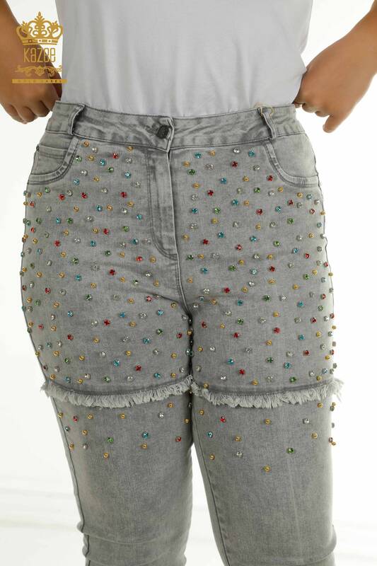 Wholesale Women's Trousers with Crystal Stone Embroidery Gray - 2412-0549 | M&N