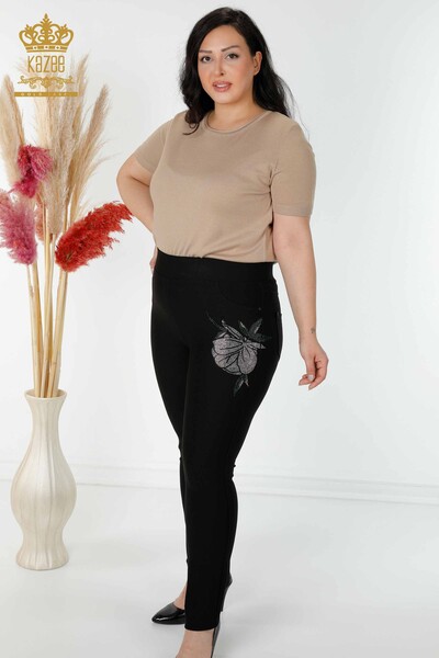 Wholesale Women's Trousers Black With Floral Pattern - 3400 | KAZEE - 1