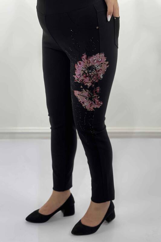 Wholesale Women's Trousers Flower Patterned Stone Embroidered - 3346 | KAZEE