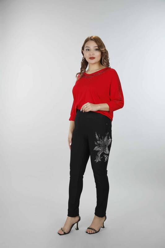 Wholesale Women's Trousers Flower Patterned Stone Embroidered - 3347 | KAZEE