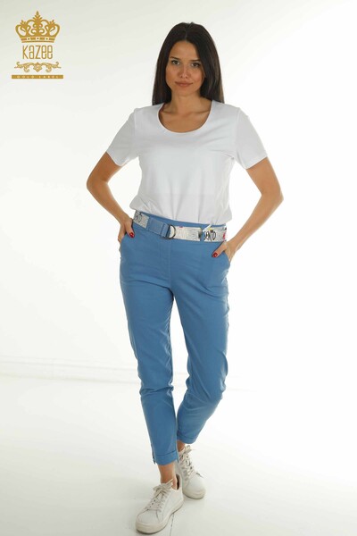 Wholesale Women's Pants with Pocket Detail Blue - 2406-4305 | M - Thumbnail