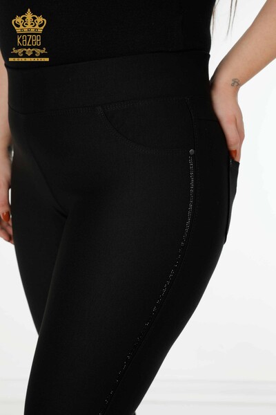 Wholesale Women's Trousers Pockets Stripe Crystal Stone Embroidered - 3596 | KAZEE - Thumbnail
