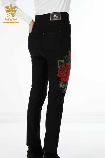 Wholesale Women's Trousers Rose Patterned Embroidered Viscose with Stones - 3437 | KAZEE - Thumbnail