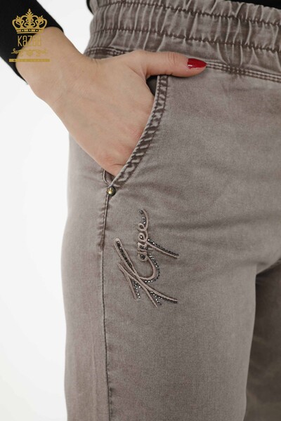 Wholesale Women's Trousers - Stone Embroidered - Brown - 3674 | KAZEE - Thumbnail (2)