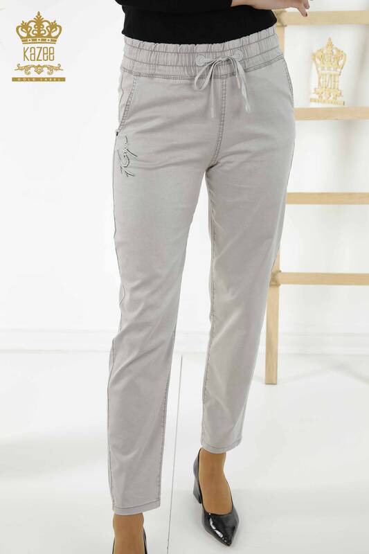 Wholesale Women's Trousers - Stone Embroidered - Light Gray - 3674 | KAZEE