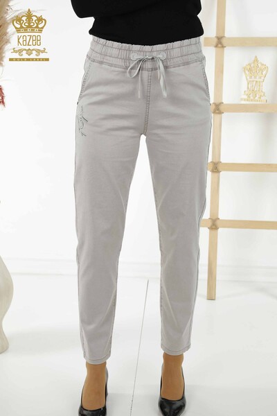 Wholesale Women's Trousers - Stone Embroidered - Light Gray - 3674 | KAZEE - Thumbnail (2)