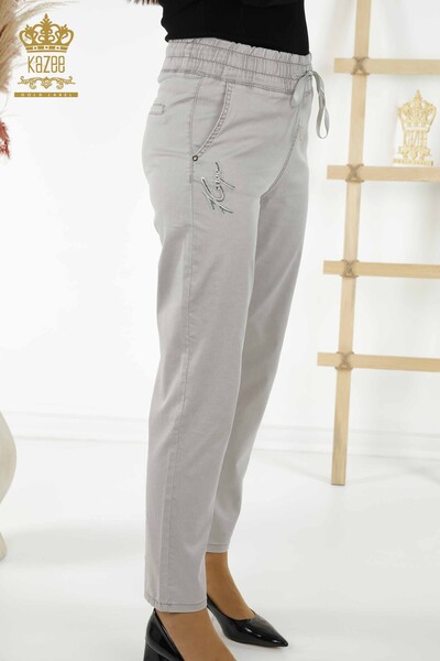 Wholesale Women's Trousers - Stone Embroidered - Light Gray - 3674 | KAZEE - Thumbnail