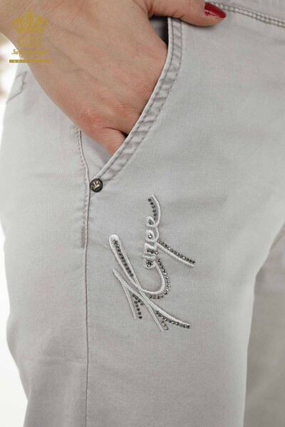 Wholesale Women's Trousers - Stone Embroidered - Light Gray - 3674 | KAZEE - Thumbnail