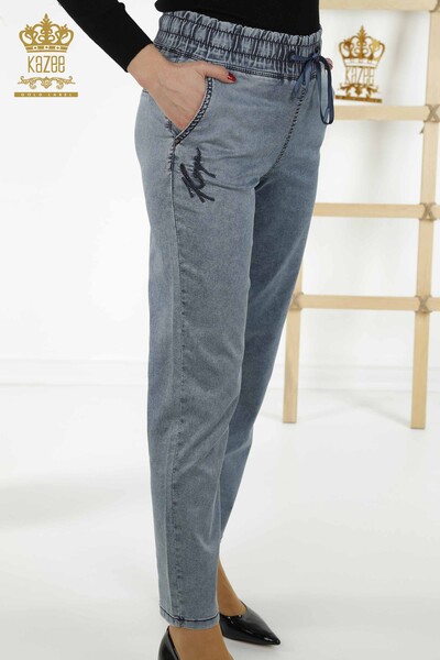 Wholesale Women's Trousers - Stone Embroidered - Navy Blue - 3674 | KAZEE - Thumbnail (2)