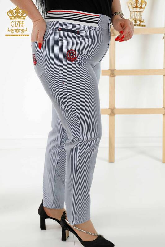 Wholesale Women's Trousers Striped Pocket Patterned Navy - 3700 | KAZEE