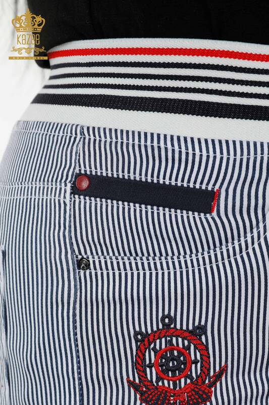 Wholesale Women's Trousers Striped Pocket Patterned Navy - 3700 | KAZEE