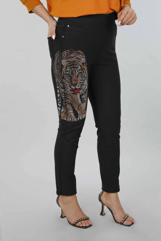 Wholesale Women's Trousers Tiger Patterned Stone Embroidered - 3388 | KAZEE