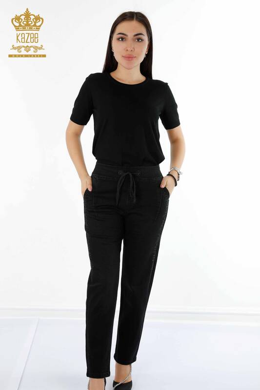 Wholesale Women's Trousers Black With Elastic Waist - 3651 | KAZEE
