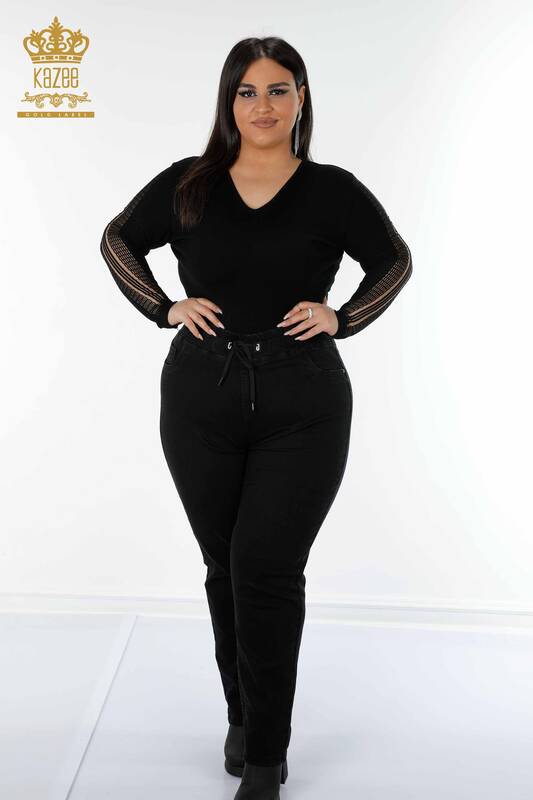 Wholesale Women's Trousers Black With Elastic Waist - 3660 | KAZEE