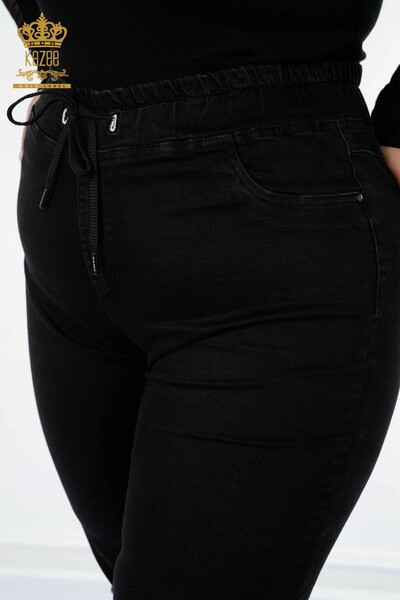 Wholesale Women's Trousers Black With Elastic Waist - 3660 | KAZEE - 3