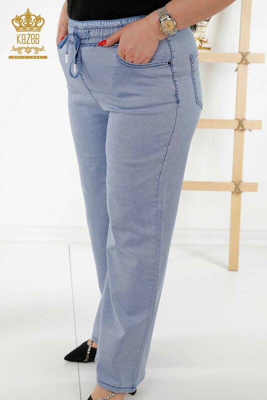 Wholesale Women's Pants With Elastic Waist Blue - 3672 | KAZEE