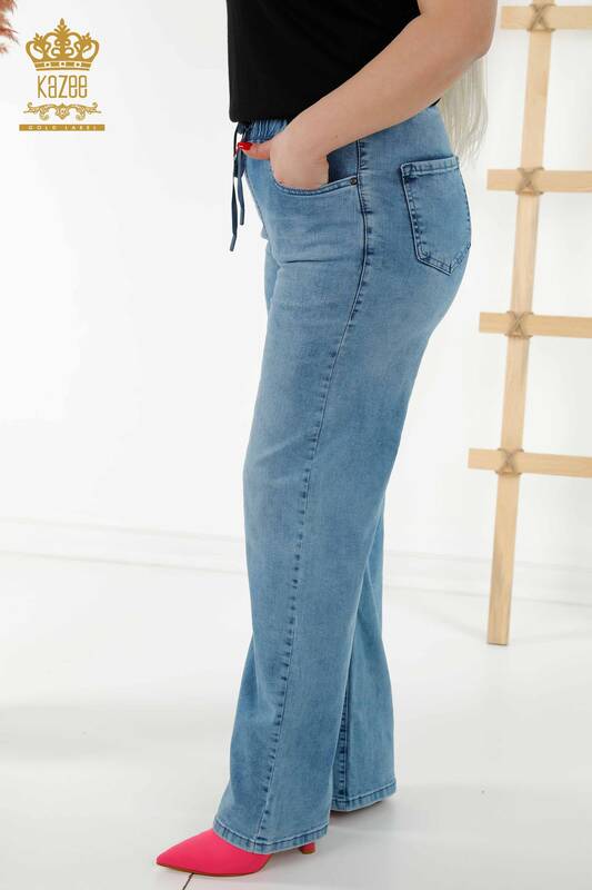 Wholesale Women's Trousers - Elastic Waist - Blue - 3695 | KAZEE