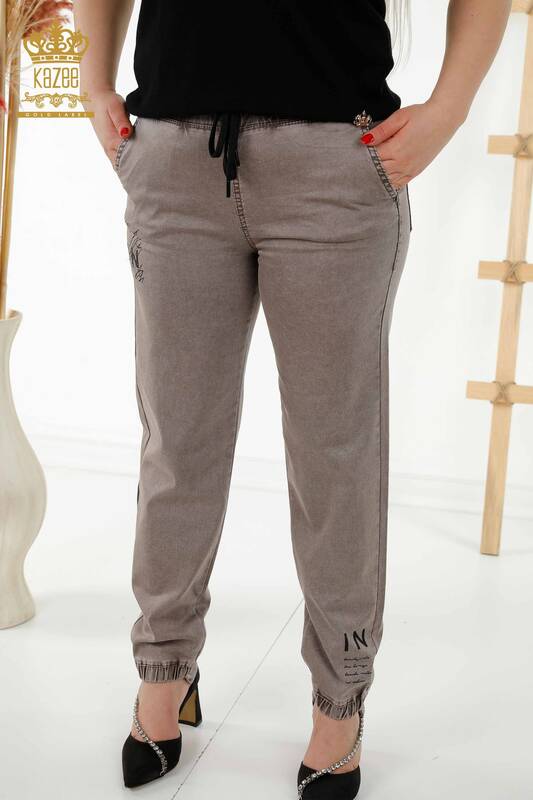 Wholesale Women's Trousers - Elastic Waist - Brown - 3675 | KAZEE