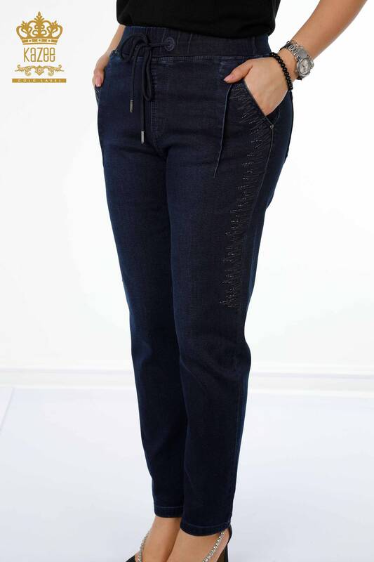 Wholesale Women's Trousers Elastic Waist Navy Blue - 3651 | KAZEE