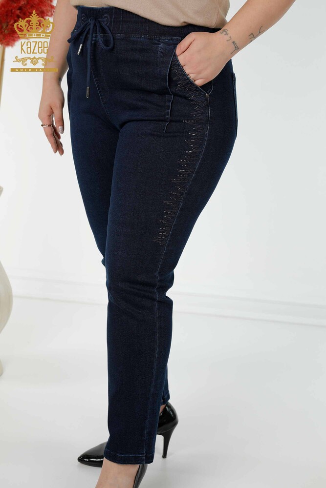 Wholesale Women's Trousers Elastic Waist Navy Blue - 3654 | KAZEE - 2