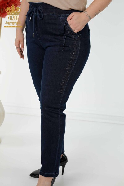 Wholesale Women's Trousers Elastic Waist Navy Blue - 3654 | KAZEE - 2