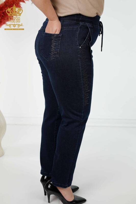 Wholesale Women's Trousers Elastic Waist Navy Blue - 3654 | KAZEE