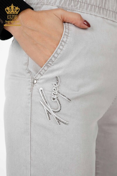 Wholesale Women's Trousers Waist Elastic Stone Embroidered Pocket - 3540 | KAZEE - Thumbnail