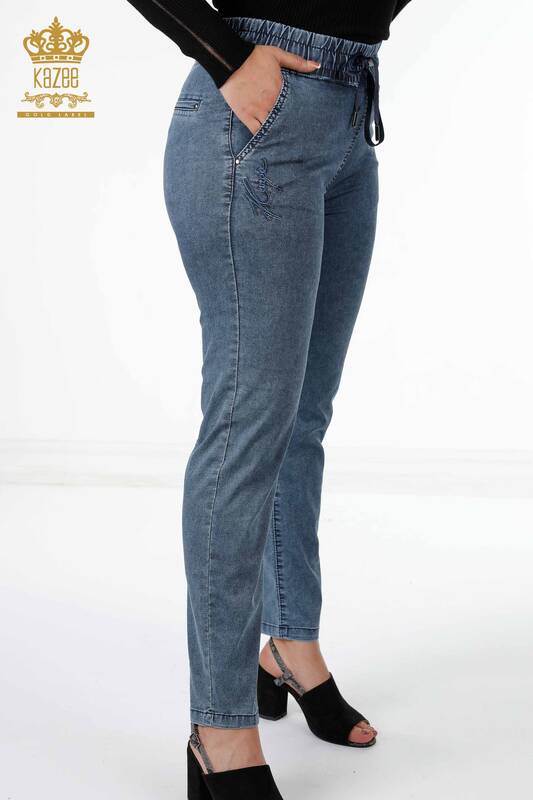 Wholesale Women's Trousers Waist Elastic Stone Embroidered Pocket - 3540 | KAZEE