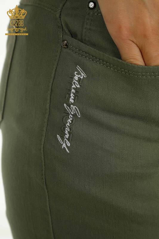 Wholesale Women's Trousers Khaki with Text Detail - 2406-4519 | M