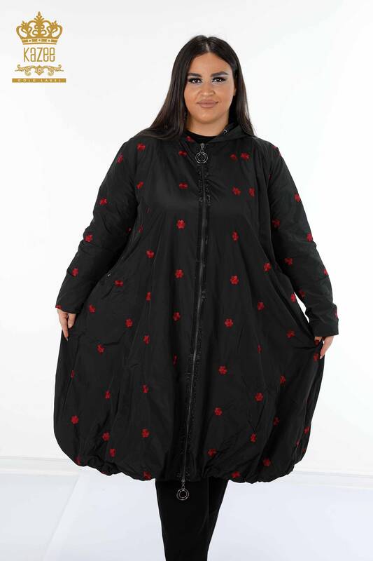 Wholesale Women's Raincoat Floral Patterned Hoodie Black - 7574 | KAZEE