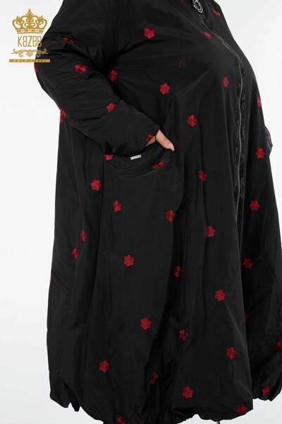 Wholesale Women's Raincoat Floral Patterned Hoodie Black - 7574 | KAZEE - Thumbnail