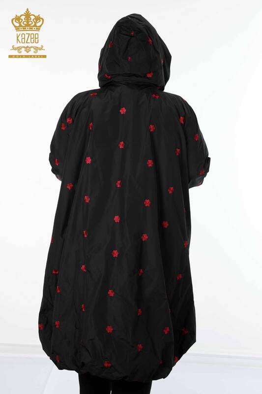 Wholesale Women's Raincoat Floral Patterned Hoodie Black - 7574 | KAZEE
