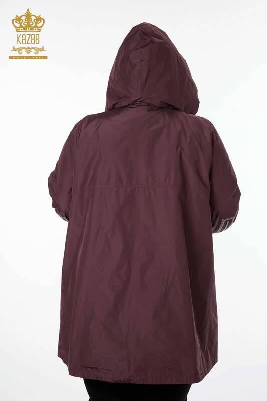 Wholesale Women's Raincoat Hooded Stripe Stone Embroidered Zipper Pocket- 7573 | KAZEE
