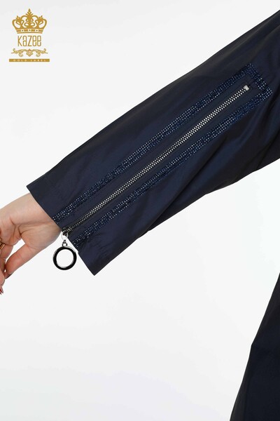 Wholesale Women's Raincoat Hooded Stripe Stone Embroidered Zipper Pocket- 7573 | KAZEE - Thumbnail