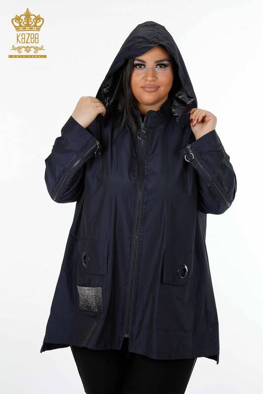 Wholesale Women's Raincoat Hooded Stripe Stone Embroidered Zipper Pocket- 7573 | KAZEE