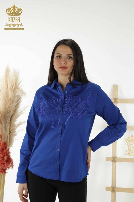 Wholesale Women's Shirt - Angel Wing Patterned - Dark Blue - 20233 | KAZEE