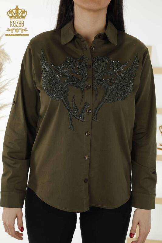 Wholesale Women's Shirt - Angel Wing Patterned - Khaki - 20233 | KAZEE