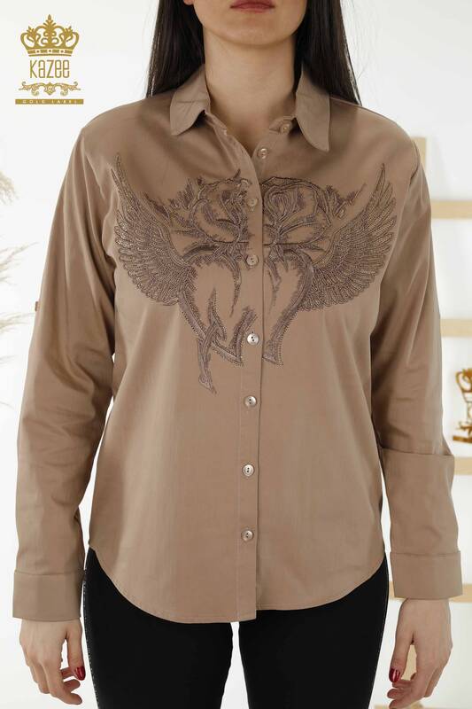 Wholesale Women's Shirt - Angel Wing Patterned - Mink - 20233 | KAZEE