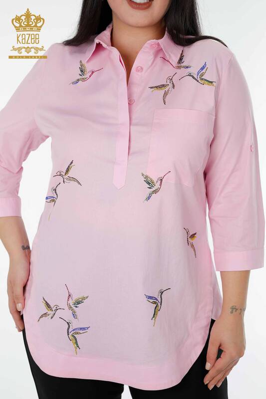 Wholesale Women's Shirt Bird Pattern Pink - 20129 | KAZEE