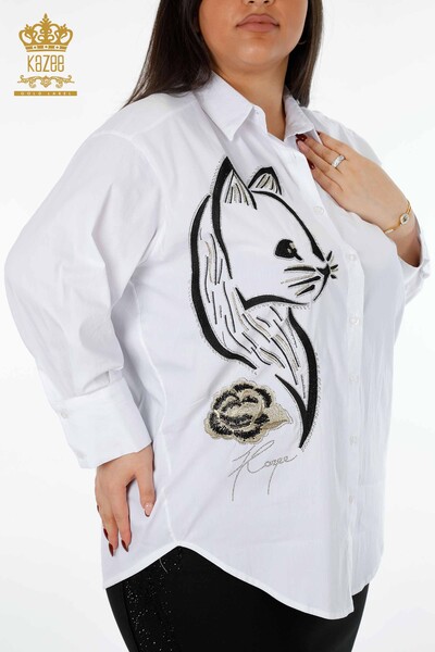 Wholesale Women's Shirt Cat Patterned Rose Detail Stone Embroidered - 20053 | KAZEE - Thumbnail
