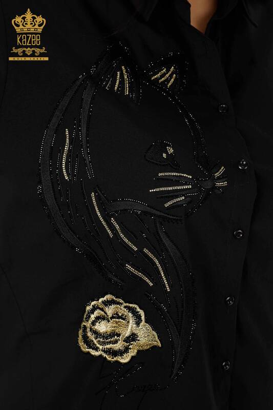 Wholesale Women's Shirt Cat Patterned Rose Detail Stone Embroidered - 20053 | KAZEE