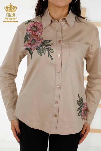 Wholesale Women's Shirt Colored Floral Embroidered Mink - 20234 | KAZEE - Thumbnail