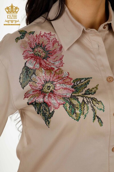 Wholesale Women's Shirt Colored Floral Embroidered Mink - 20234 | KAZEE - Thumbnail