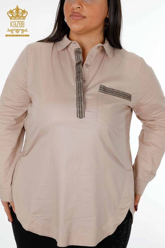 Wholesale Women's Shirt Cotton Colored Stone Embroidered Pattern - 20075 | KAZEE