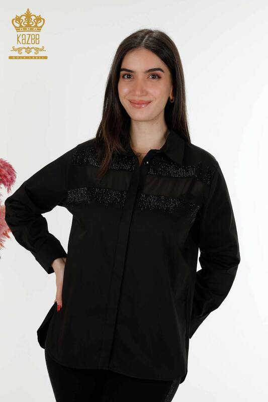 Wholesale Women's Shirt Crystal Stone Embroidered Black - 20250 | KAZEE