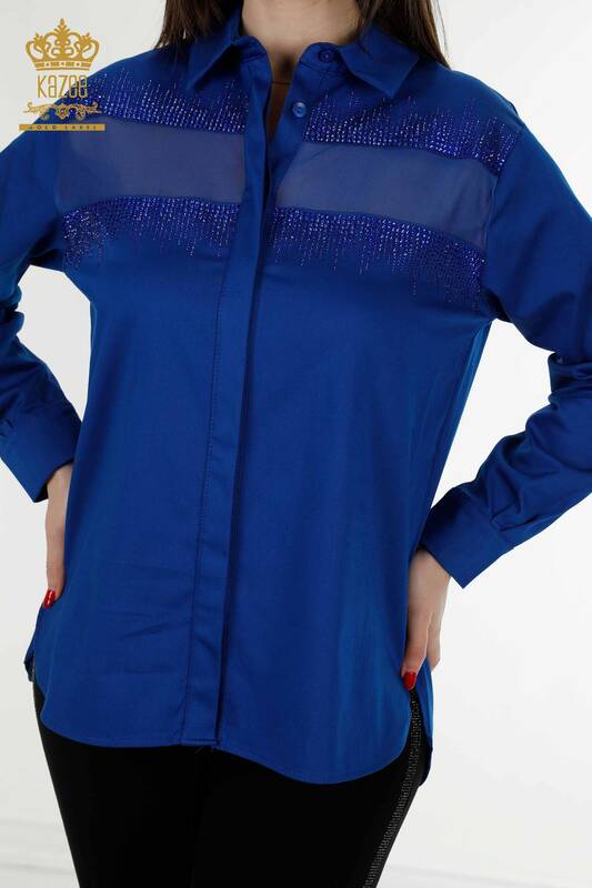 Wholesale Women's Shirt Crystal Stone Embroidered Dark Blue - 20250 | KAZEE