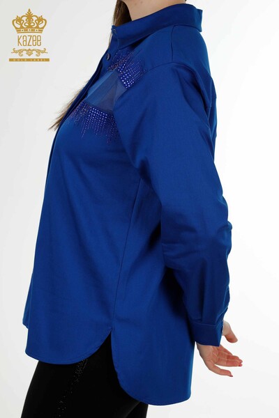 Wholesale Women's Shirt Crystal Stone Embroidered Dark Blue - 20250 | KAZEE - Thumbnail