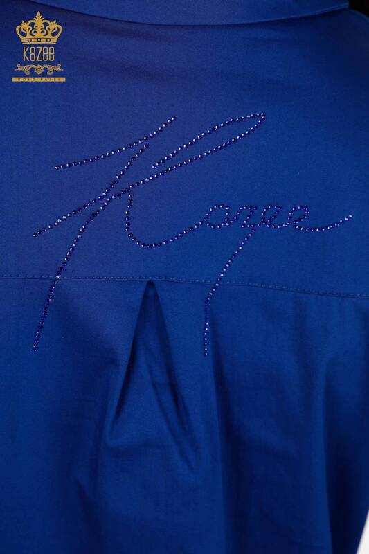 Wholesale Women's Shirt Crystal Stone Embroidered Dark Blue - 20250 | KAZEE